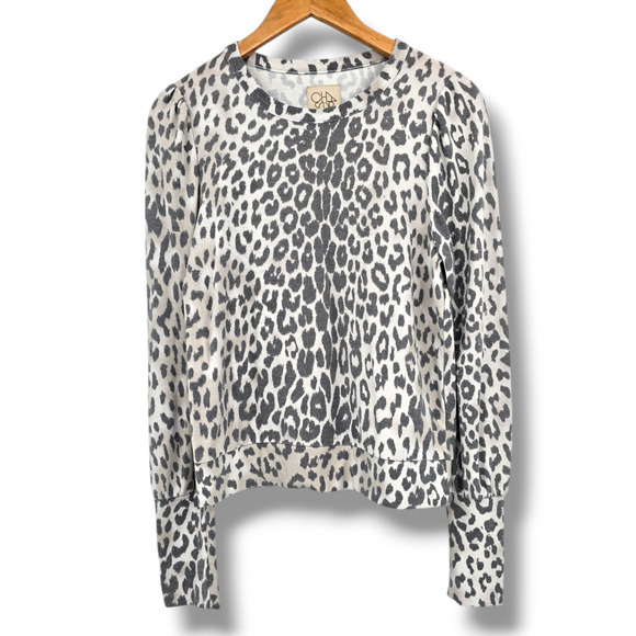 Chaser Women's Leopard Cheetah Animal Print Round Neck Puff Sleeve Sweater XS - Picture 2 of 11